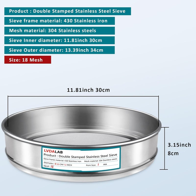 LVDALAB 304 Stainless Steel Lab Sieve Screen Mesh, 18 Mesh (1mm) Aperture Test Sieve, 12Inch(30cm) Diameter Economy Standard Analysis Sample Test Sieves for Industrial Laboratory Homes - Image 2